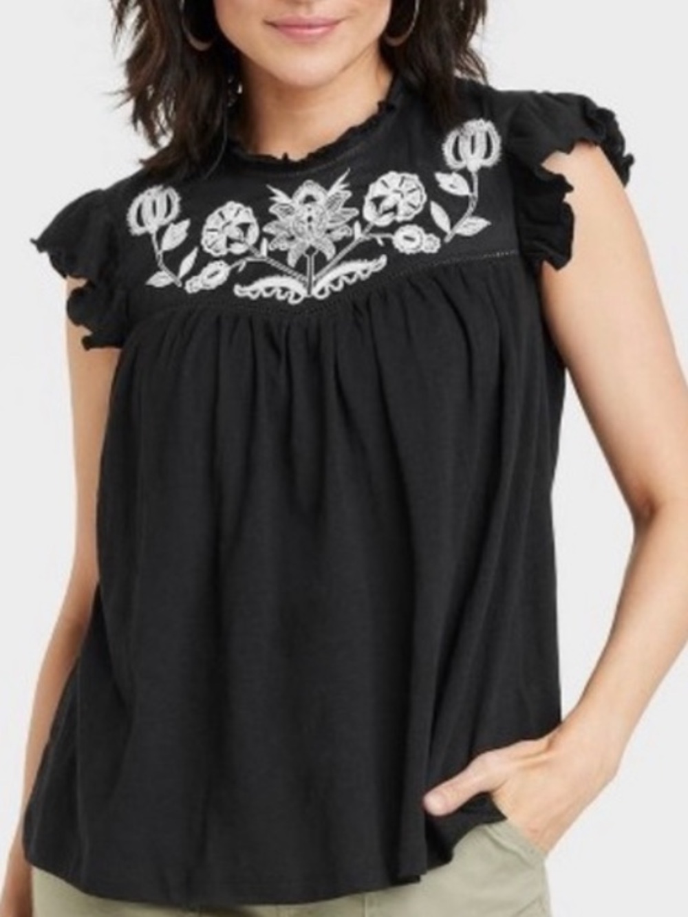 Black Flutter Sleeve Embroidered Peasant Top - White Floral Detail